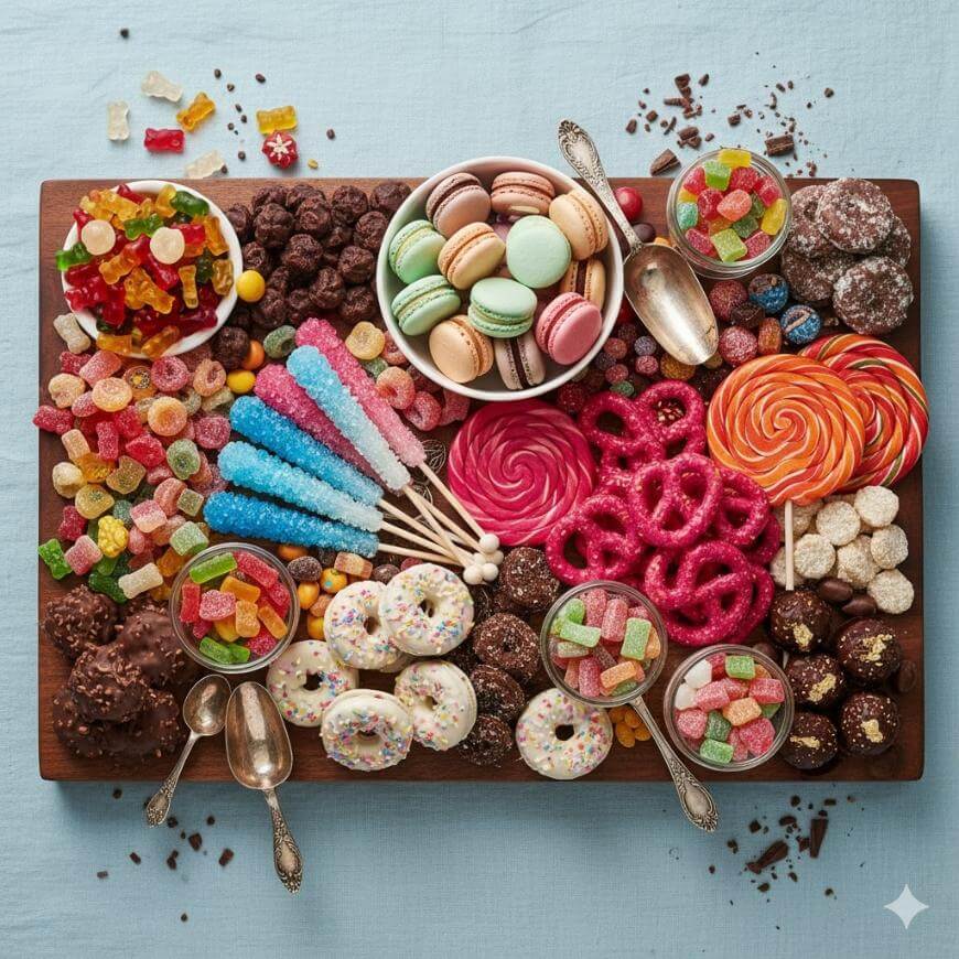 A wooden platter filled with assorted colorful candies, macarons, chocolate treats, lollipops, rock candy sticks, gummy bears, pretzels, and sprinkle-covered cookies on a light blue tablecloth.