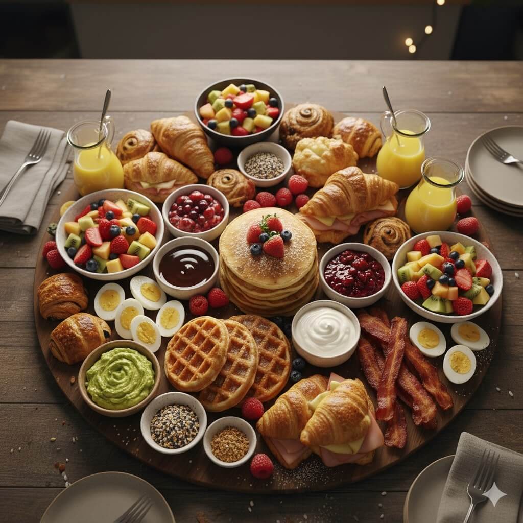 A large round wooden platter filled with pancakes, waffles, croissants, fruits, boiled eggs, bacon, pastries, dips, syrups, and two small bottles of orange juice, set on a wooden table with plates and napkins.