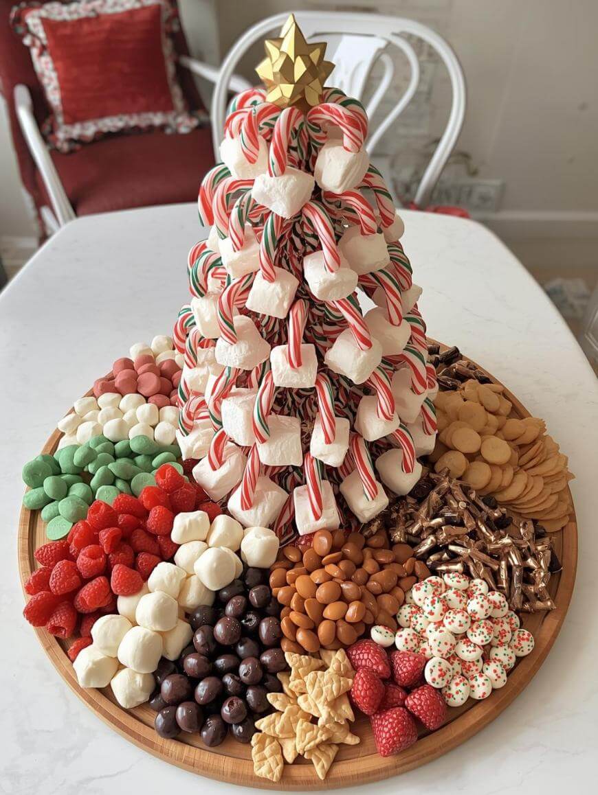 A round platter holds assorted holiday treats surrounding a centerpiece shaped like a Christmas tree, made of stacked marshmallows and candy canes, topped with a gold bow. Treats include cookies, strawberries, chocolates, and pretzels.
