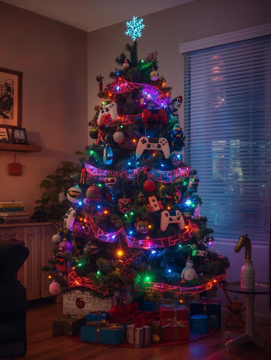 A Christmas tree decorated with colorful lights, video game controllers, and gaming-themed ornaments. Presents are stacked underneath, and a glowing blue snowflake tops the tree. The room is cozy with soft lighting.