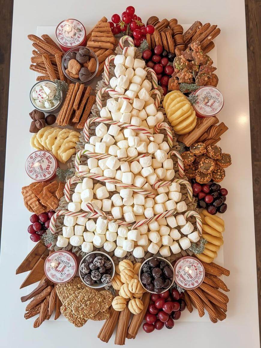 A festive charcuterie board shaped like a Christmas tree, made of marshmallows, surrounded by cookies, chocolates, pretzels, wafers, grapes, and jars of whipped topping, all arranged on a white surface.