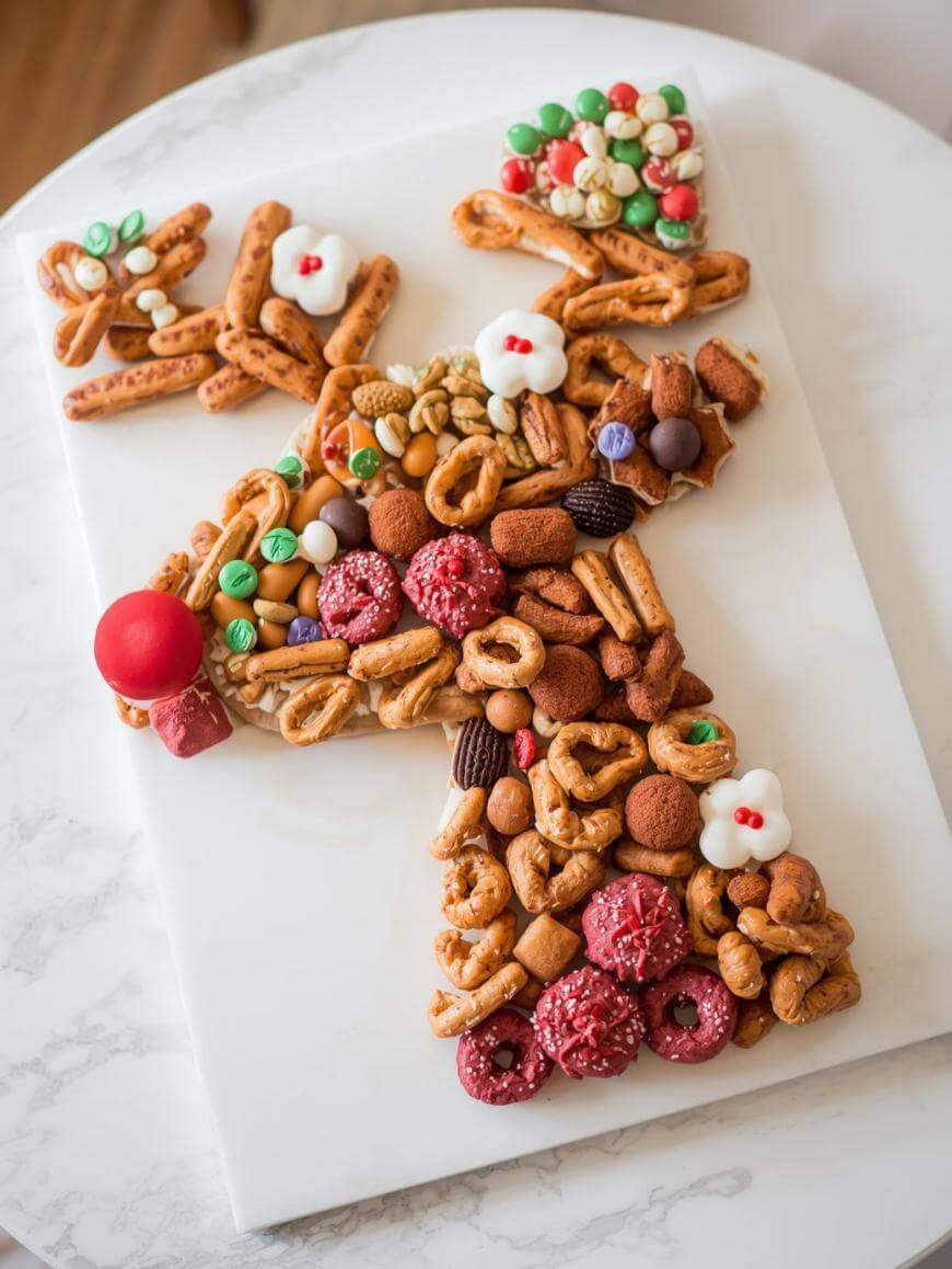 A large letter K made of assorted holiday snacks, including pretzels, cookies, candies, nuts, chocolates, and festive decorations, arranged on a white rectangular serving board.