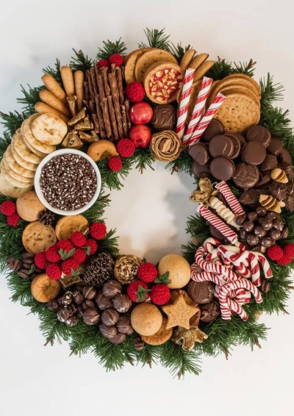 A festive wreath made of evergreen branches, topped with assorted cookies, chocolates, candy canes, red berries, and a bowl of chocolate sprinkles, arranged in a circular shape on a white background.