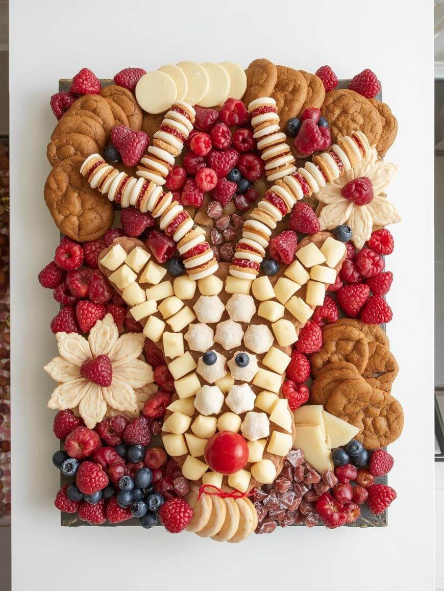 A festive snack platter arranged in the shape of a reindeer face using cubes of cheese, cookies, berries, and marshmallows; the antlers are made from striped cookies and the nose is a round red candy.