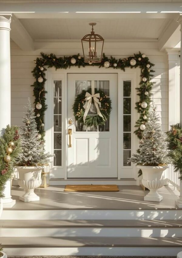 A front porch decorated for Christmas with a wreath on the white door, garlands with ornaments around the doorframe, two potted frosted trees, and a lantern-style light above. Sunlight casts soft shadows on the steps.
