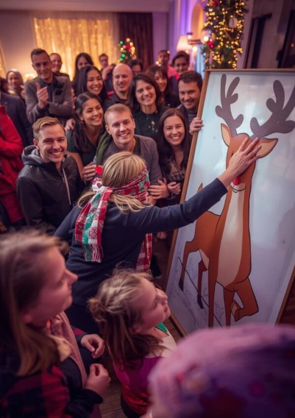 A group of people smile and watch as a blindfolded woman tries to pin a red nose on a cartoon reindeer poster at a festive holiday party. Children and adults gather around, with Christmas decorations in the background.