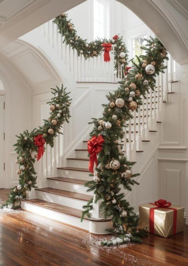 A white staircase decorated with green garlands, gold and white ornaments, and large red bows. A single gold gift box with a red ribbon sits at the base on polished wooden floors. Sunlight streams in through windows.