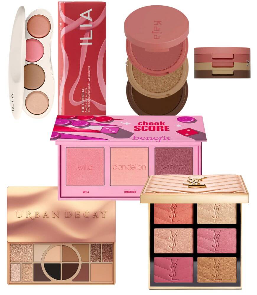 Flat lay of various blush and bronzer makeup palettes, including boxed powders, pressed powder compacts, and palettes with multiple shades in pink, nude, and bronze tones from different beauty brands.