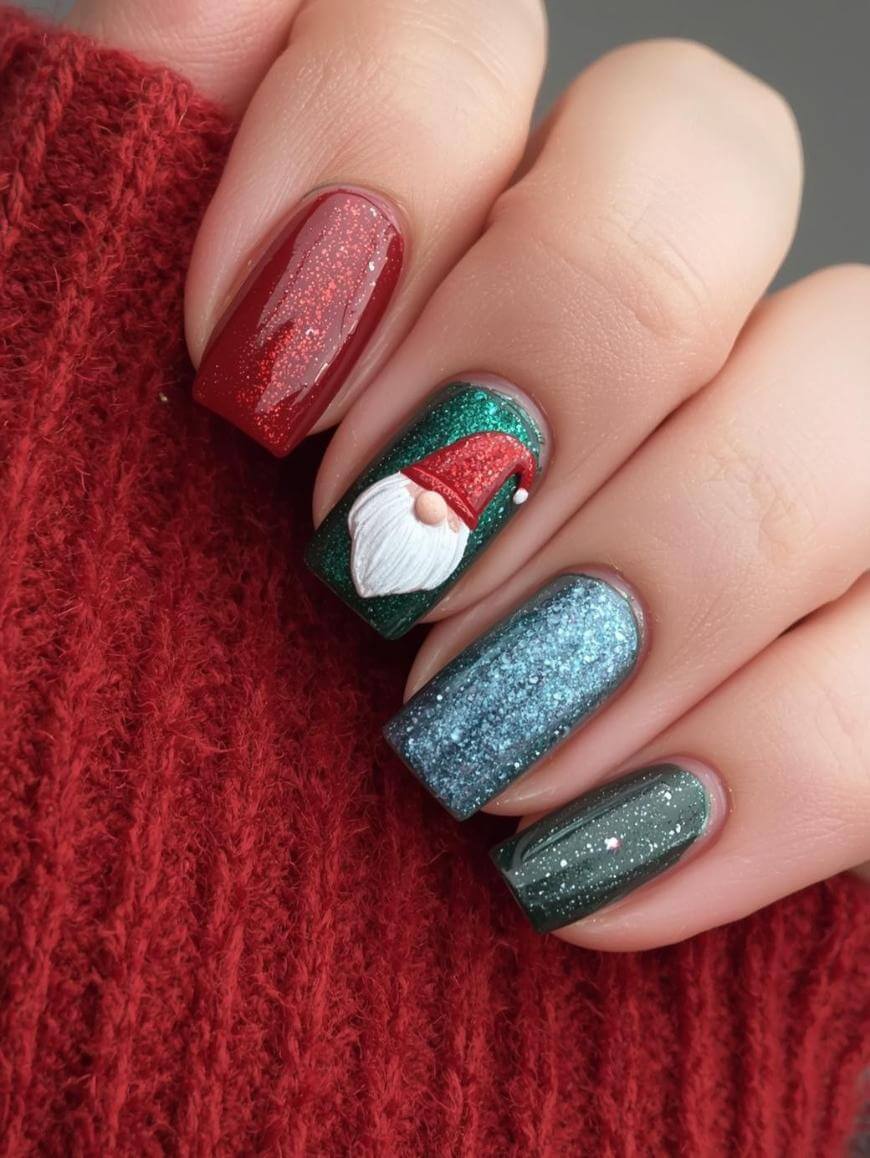 A hand with festive nail art: one red glitter nail, one green nail with a 3D Santa gnome, and two nails with blue and gray glitter polish, all against a red knit fabric.
