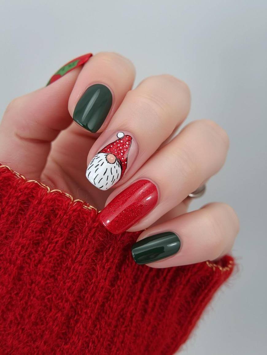 A hand with festive Christmas nail art: dark green and red nails, one nail features a painted gnome with a red hat, white beard, and a tiny nose, all shown against a red sweater.