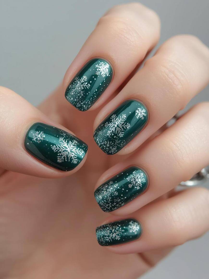 A hand with dark green nail polish featuring white snowflake designs and small white dots, creating a winter-themed manicure.