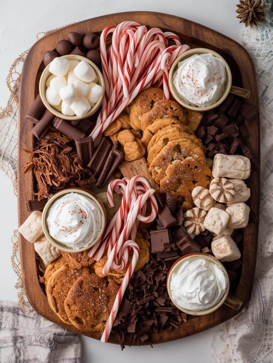 A wooden tray filled with cookies, marshmallows, chocolate shavings, peppermint candy canes, chocolate pieces, and three mugs of hot chocolate topped with whipped cream, arranged neatly for a festive treat.