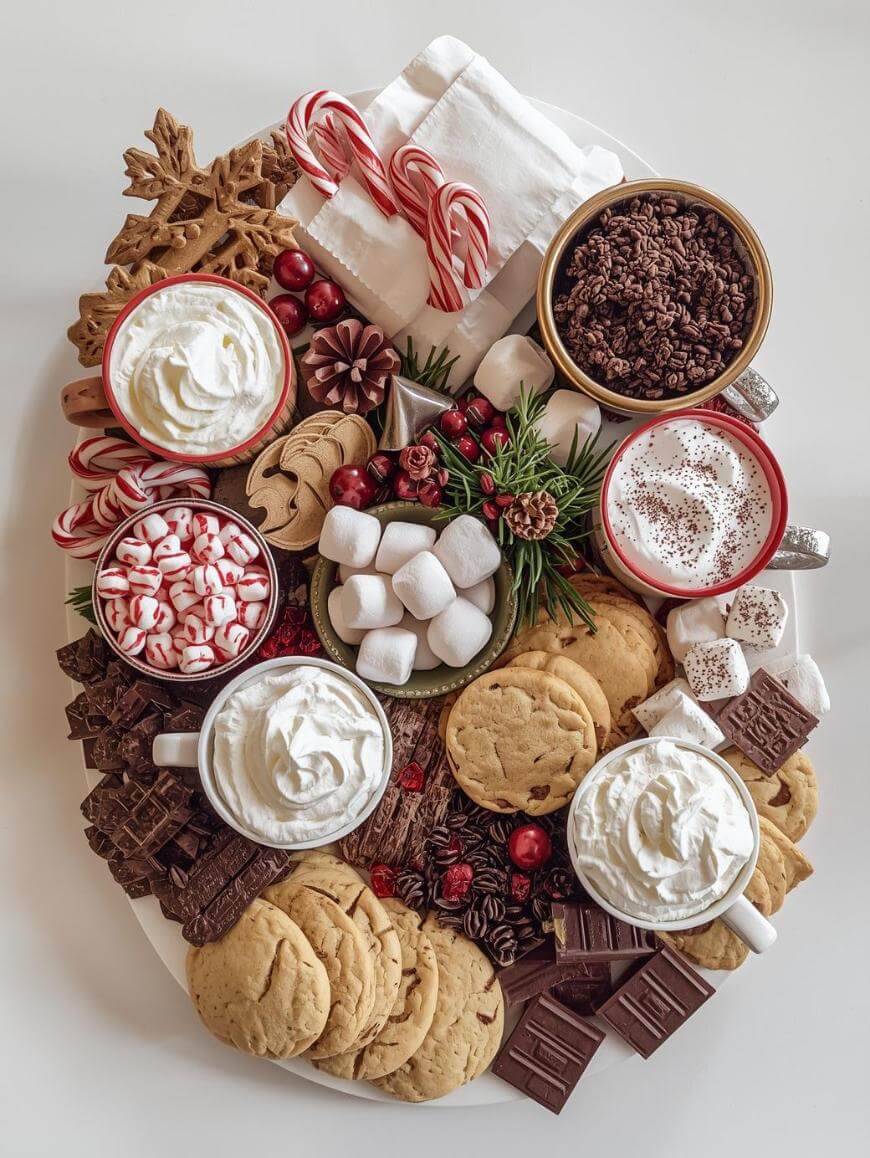 A festive platter with mugs of hot chocolate topped with whipped cream, surrounded by cookies, chocolate bars, marshmallows, candy canes, and holiday decorations on a white surface.