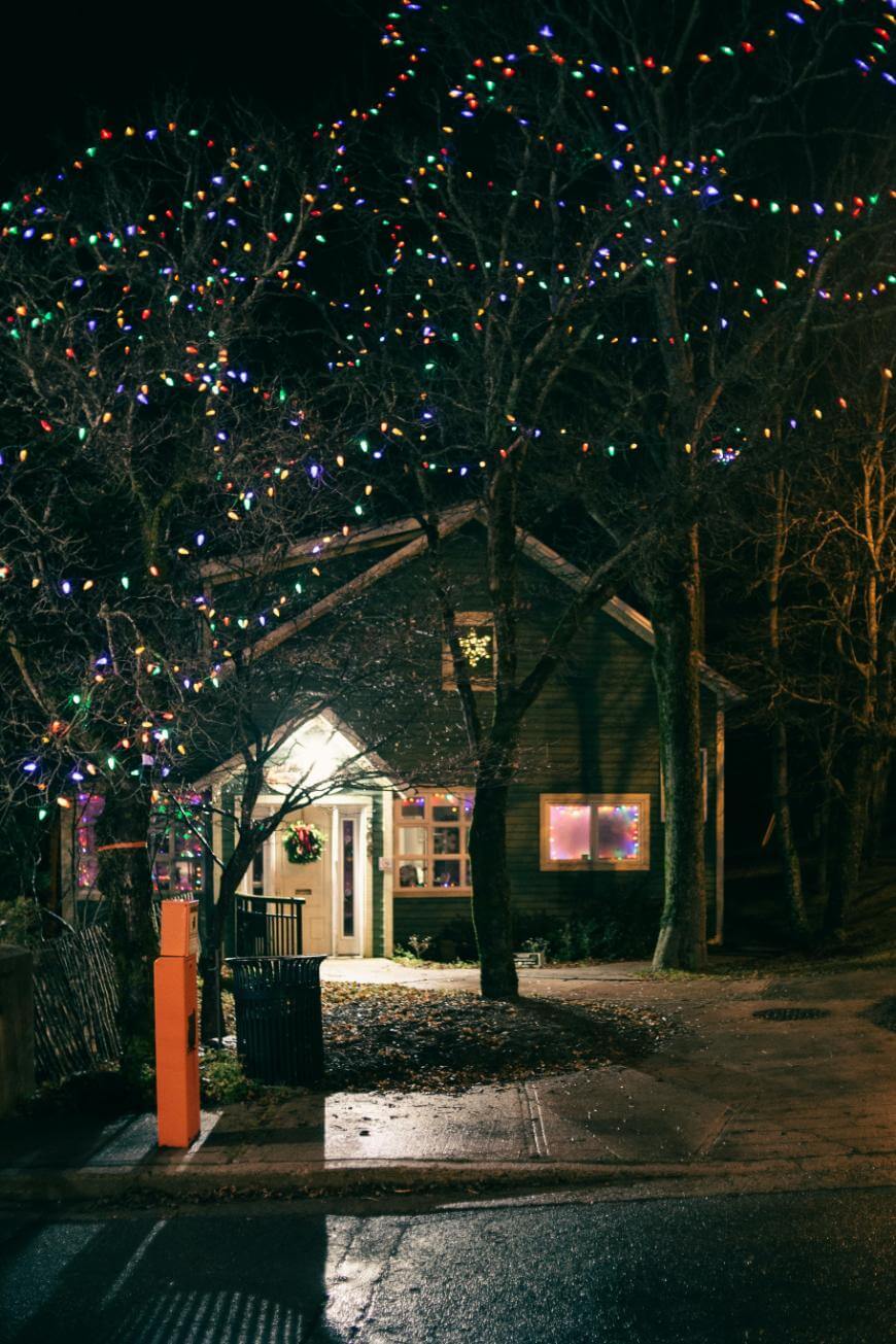 A cozy house at night is decorated with colorful string lights on nearby trees. The porch is warmly lit, and a holiday wreath hangs on the front door, creating a festive atmosphere.