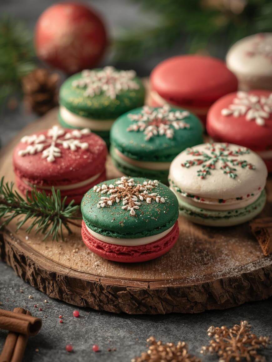 Assorted red, green, and white holiday macarons decorated with snowflake designs sit on a rustic wooden tray, surrounded by pine branches, pinecones, and cinnamon sticks.