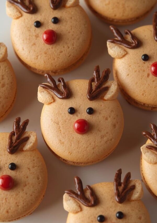 Round macarons decorated as reindeer with chocolate antlers, red candy noses, and black eyes are arranged on a white surface.