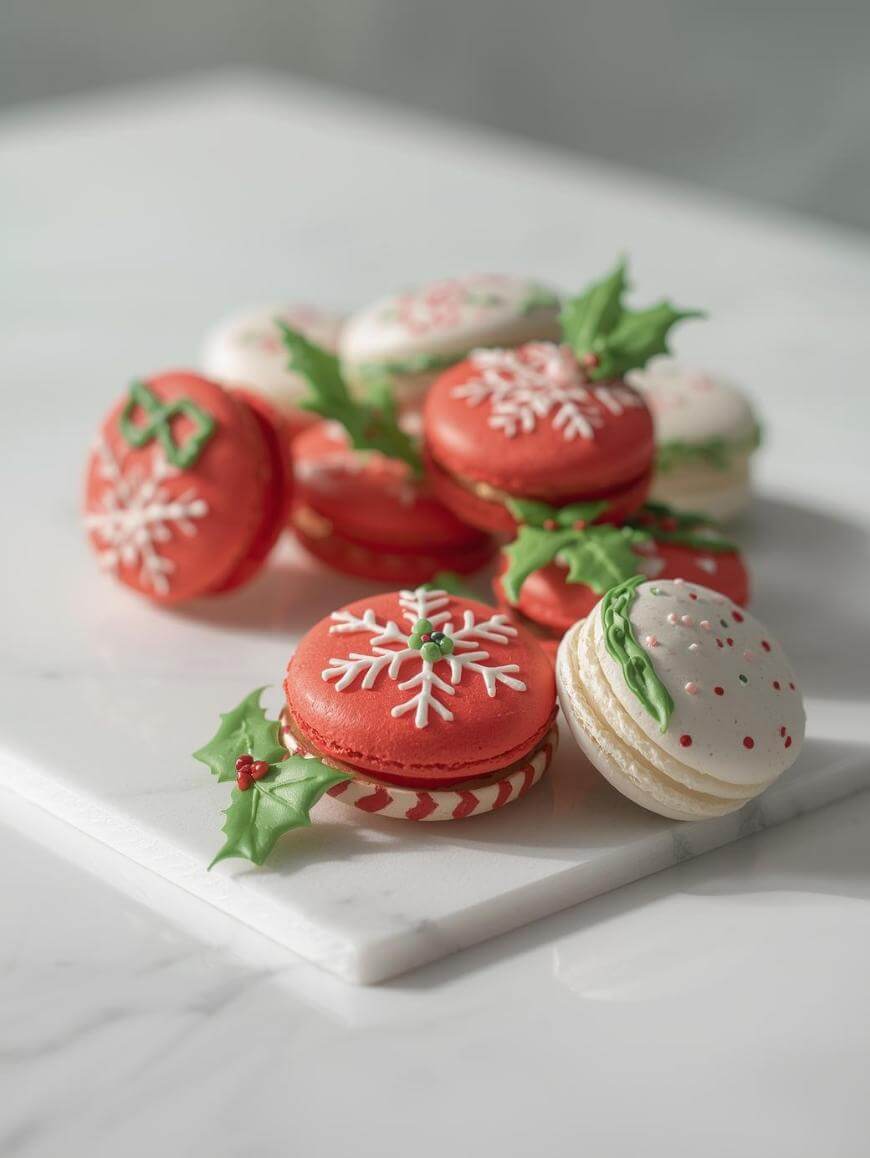 Festive red and white macarons decorated with holly leaves, snowflakes, and holiday patterns, arranged on a white marble surface.