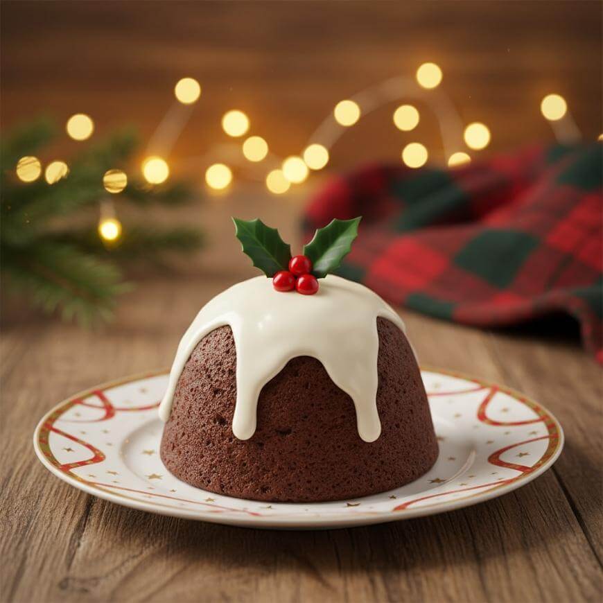 A festive chocolate pudding topped with white icing and holly decorations sits on a decorative plate. A blurred background shows warm fairy lights and a red-and-green plaid cloth.