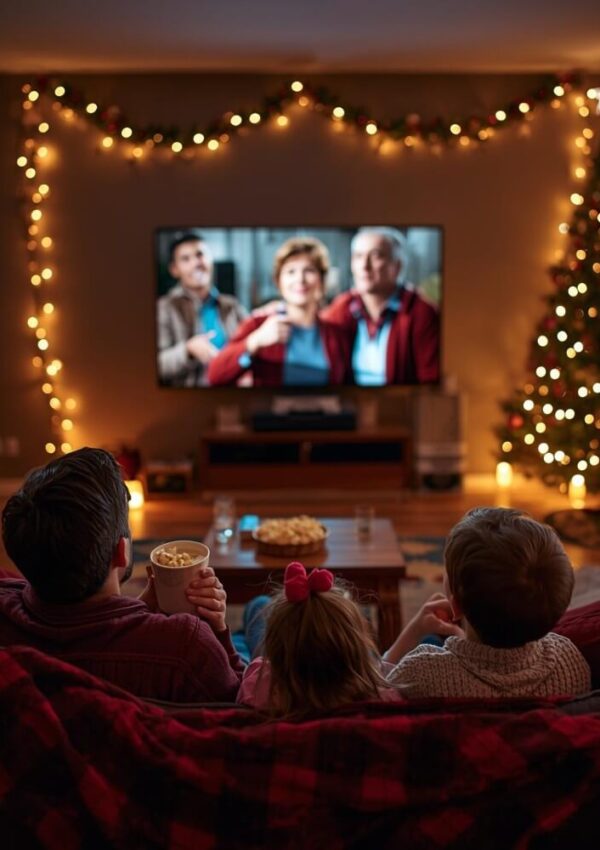 A family of three sits on a couch, watching TV in a cozy living room decorated with Christmas lights and a tree. Snacks and drinks are on the table, creating a warm holiday atmosphere.
