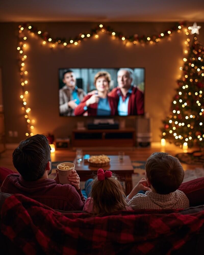 A family of three sits on a couch, watching TV in a cozy living room decorated with Christmas lights and a tree. Snacks and drinks are on the table, creating a warm holiday atmosphere.