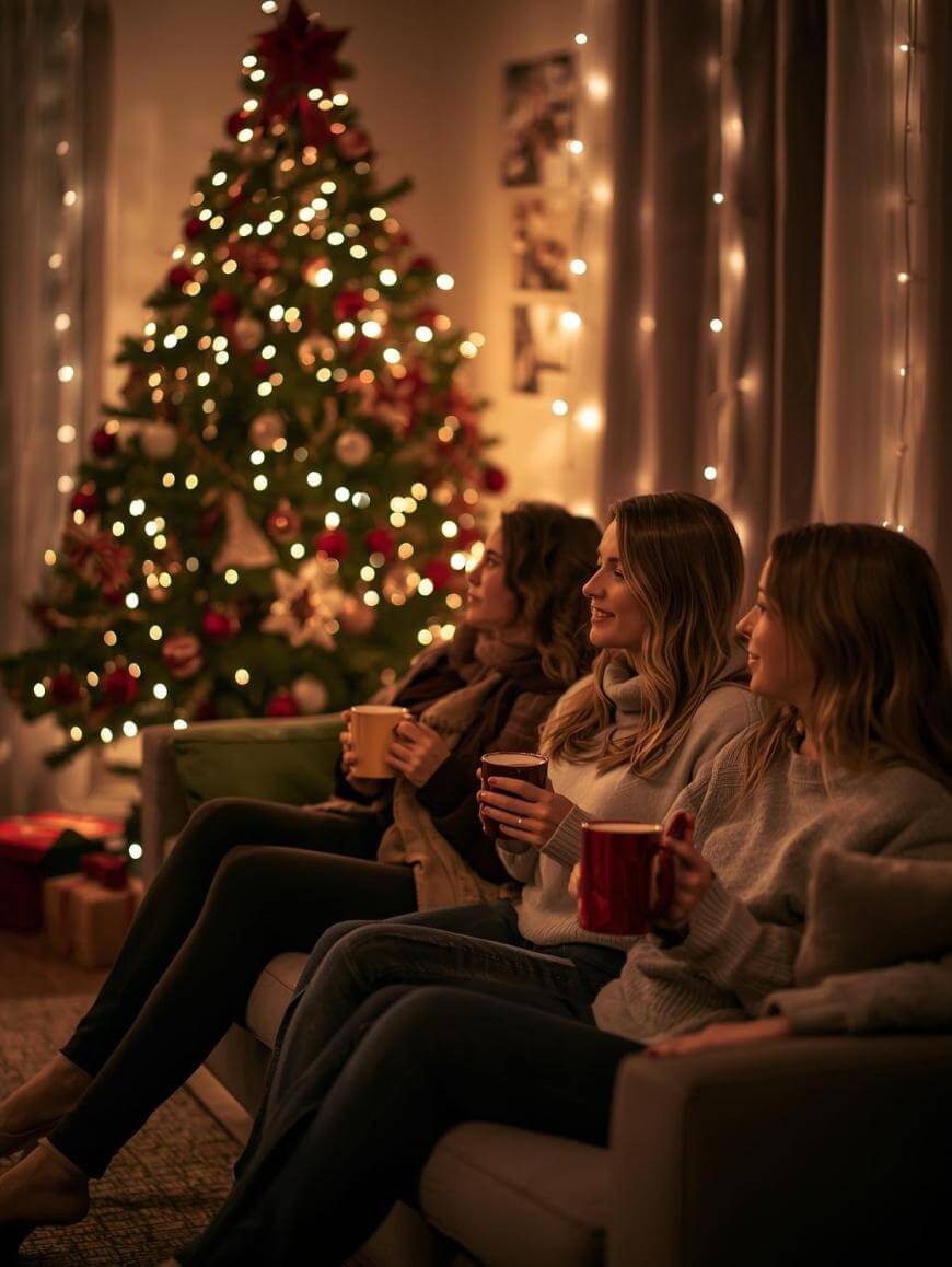Three women sit on a cozy couch, holding mugs, and smiling as they admire a brightly lit, decorated Christmas tree. Warm string lights and wrapped gifts create a festive, inviting holiday atmosphere.