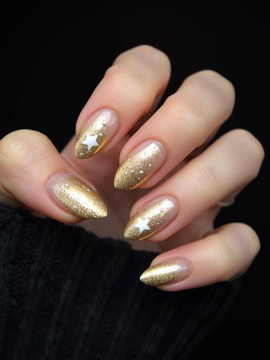 A hand with almond-shaped nails painted in sparkly gold polish, accented with white star-shaped decorations on two nails, against a black background.