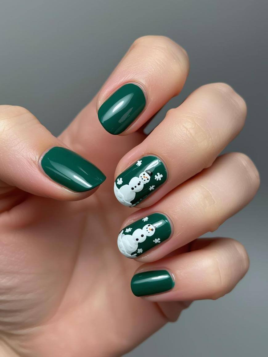 A hand with dark green nail polish, featuring white snowman and snowflake designs on the middle and ring fingernails. The background is plain gray.