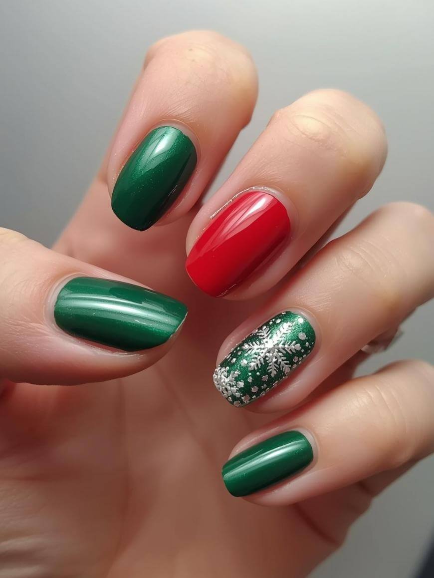 A hand with festive nail art featuring four green nails, one red accent nail, and one green nail decorated with white snowflakes and dots, creating a holiday-themed design.