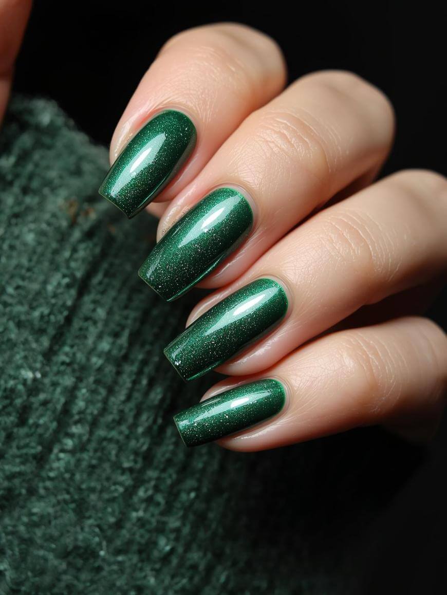 A hand with long, square-shaped nails painted in glossy, dark green polish with a subtle shimmer, shown against a matching green knit sweater.