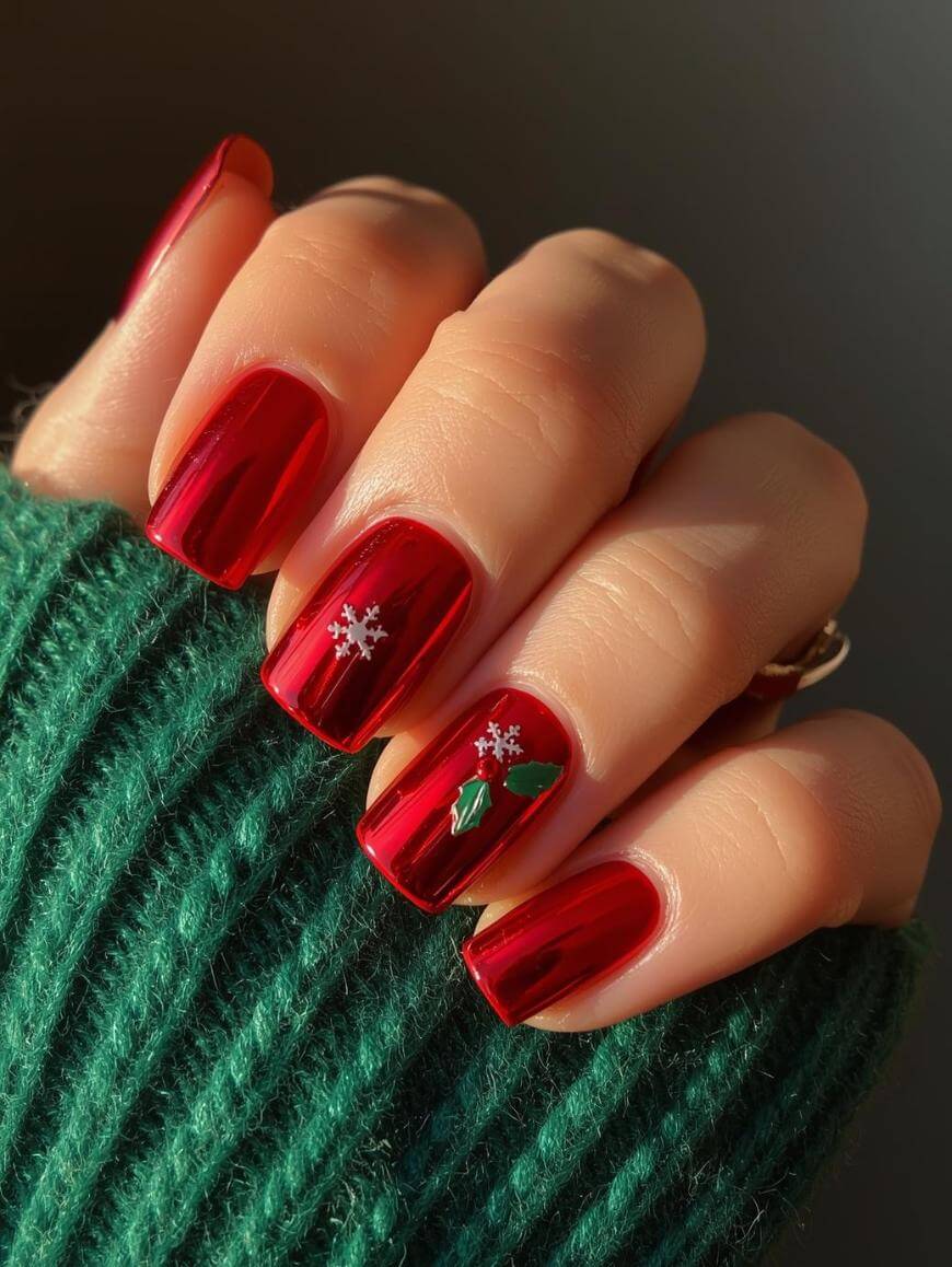 A hand with shiny red square-shaped nails, featuring white snowflake and green holly leaf designs on two nails, is shown against a green ribbed sweater.