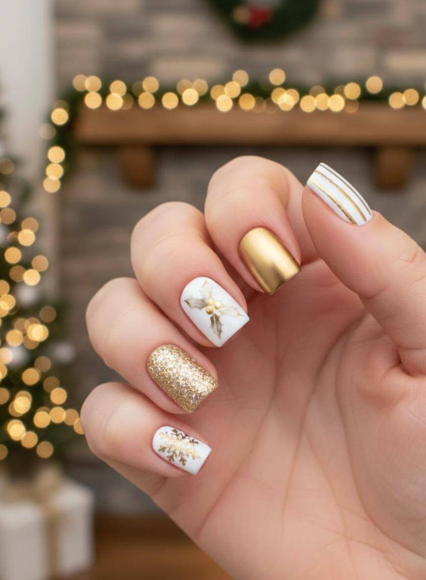 A hand with festive manicure featuring gold, white, and glittery nails with holiday-themed designs, such as stripes and snowflakes. Blurred Christmas lights and decorations are visible in the background.