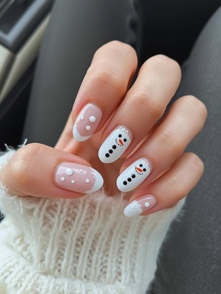 A hand with festive winter nail art featuring white tips, snowflake dots, and two nails decorated with cute snowmen faces and black button details. The person is wearing a white knit sweater.