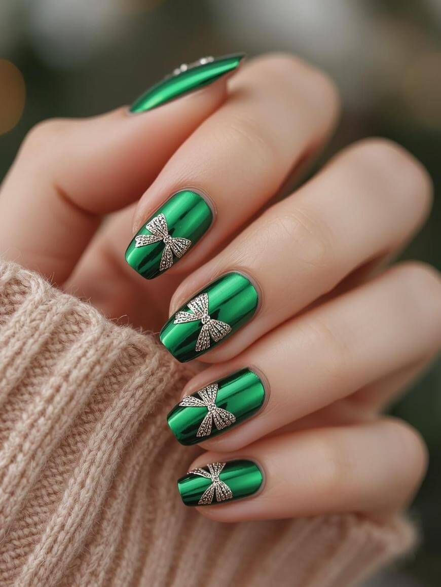 A hand with shiny green metallic nails, each decorated with a silver glitter bow design. The person is wearing a cozy beige sweater.