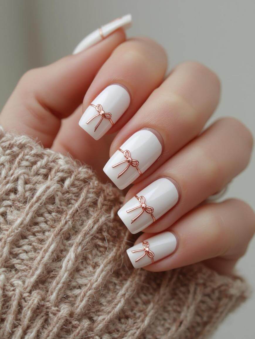 A hand with short, square-shaped white nails features delicate rose gold bow designs on each nail. The person is wearing a beige knitted sweater.
