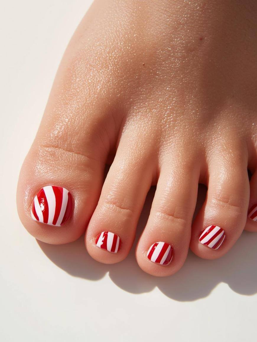 A close-up of toes with toenails painted in red and white striped patterns, resembling a candy cane design, on a light background.