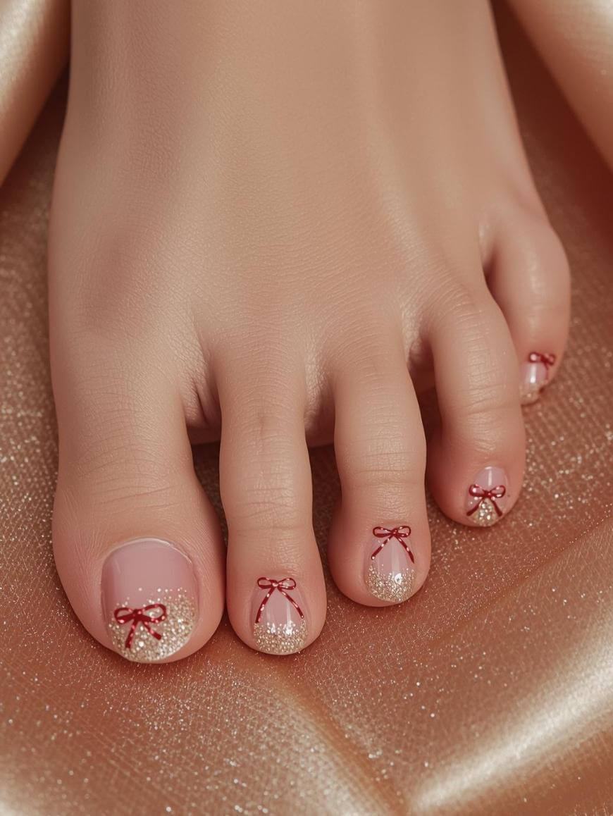 A close-up of a foot with toenails painted in a light pink and glittery gold design, each nail decorated with a small red bow on top. The background is a soft, shiny, rose-gold fabric.