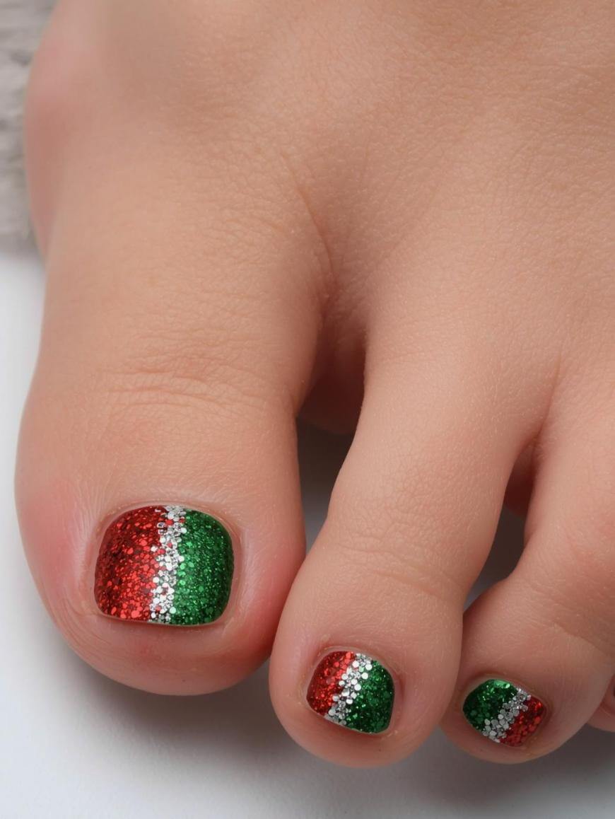 Close-up of toes with festive glittery nail polish in red, green, and silver stripes on each toenail, against a pale background.