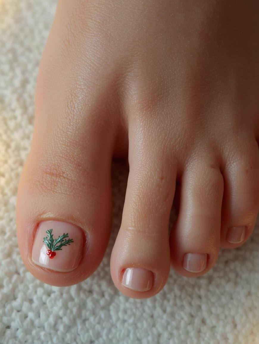 A close-up of a foot with neatly trimmed toenails. The big toenail features a small festive design of green leaves and red berries, resembling holly, against a light pink background. The foot rests on a textured white surface.