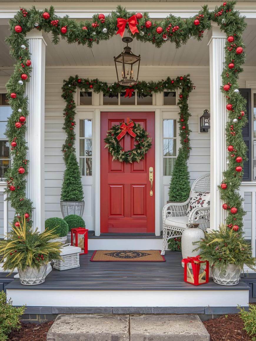 A festive porch decorated for Christmas with garlands, red bows, and ornaments around a red door. Two topiary trees, wrapped gifts, a wreath on the door, and potted plants add to the holiday cheer.