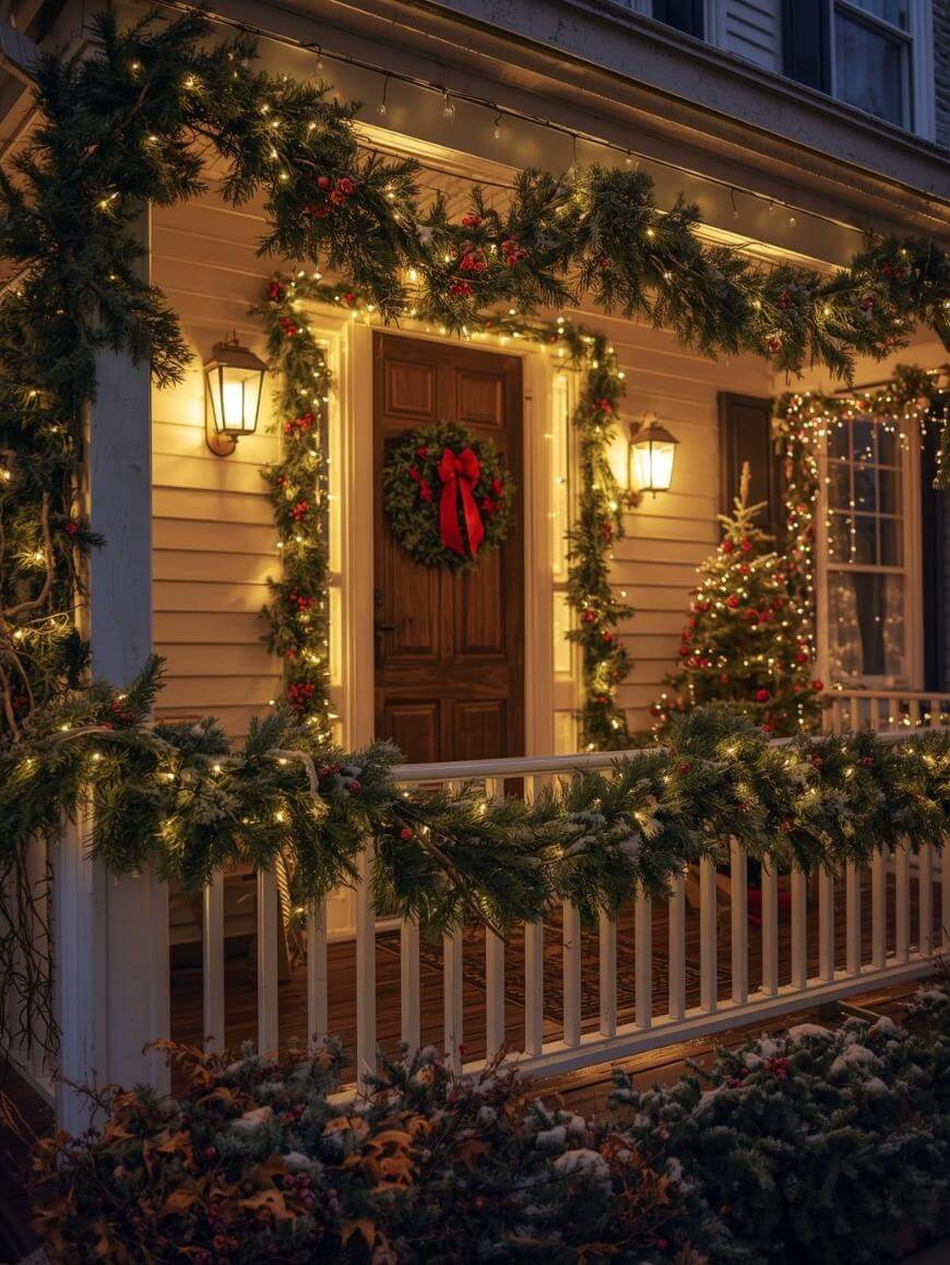 A cozy house porch decorated for Christmas with garlands of lights, a wreath on the door, and a lit Christmas tree by the window. Warm lights glow from wall lanterns, creating a festive, inviting atmosphere.