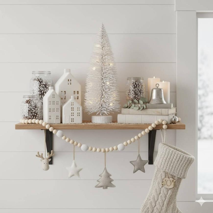 A holiday-themed shelf decorated with white ceramic houses, jars of pinecones, a lit white tree, candles, a silver bell, and books. A garland and a knit stocking hang below, with snowy scenery visible through a window.