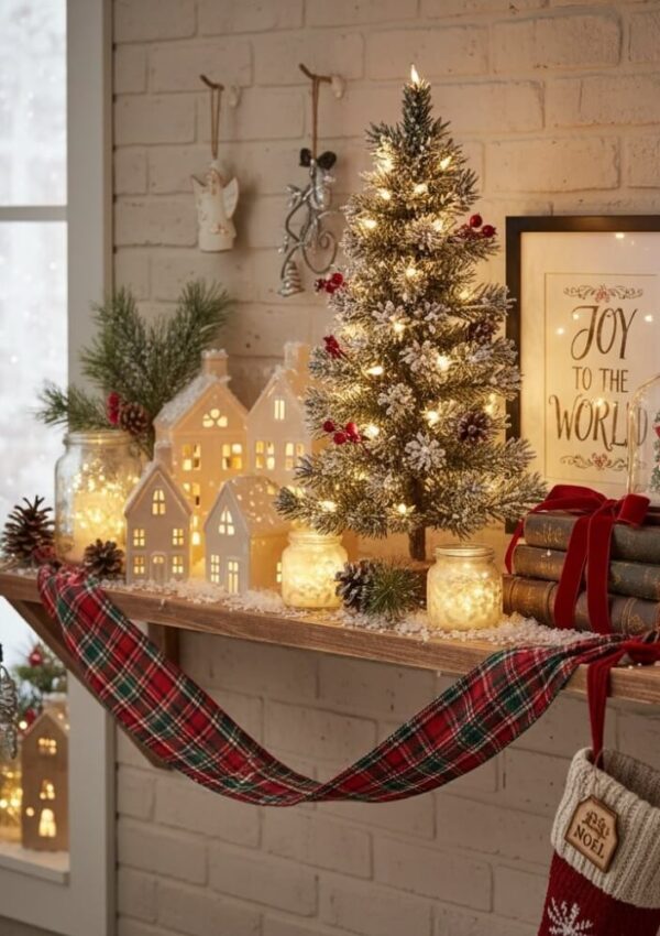 A cozy holiday scene with a decorated, lit Christmas tree, glowing house-shaped lanterns, pine branches, candles in jars, and a Joy to the World sign on a wooden shelf draped with a red plaid ribbon. Snow falls outside the window.