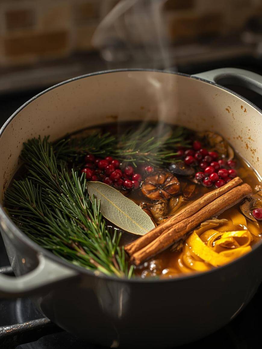A pot on a stove filled with simmering liquid, garnished with cinnamon sticks, bay leaf, orange peels, sprigs of pine, garlic, cranberries, and other herbs. Steam rises from the aromatic mixture.