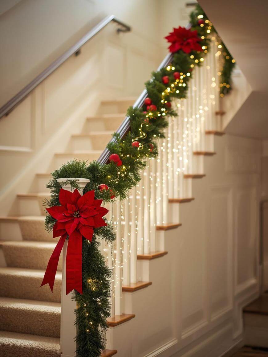 A staircase decorated for Christmas with green garland, red poinsettias, ornaments, and warm white string lights wrapped around the railing, creating a festive and cozy holiday atmosphere.