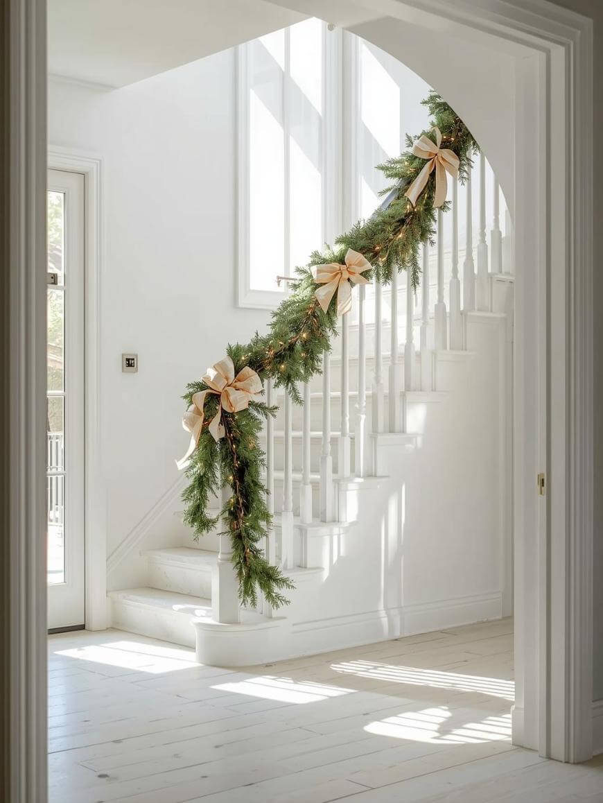 A white staircase decorated with a green garland adorned with gold ribbons and bows, softly lit by natural daylight streaming through large windows in a bright, minimalist home.