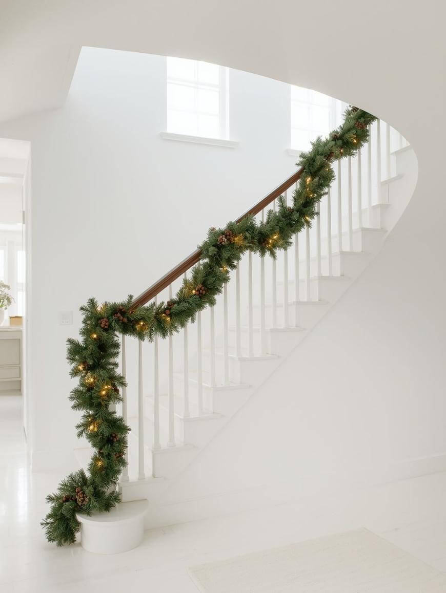 A white staircase decorated with a green pine garland, small pinecones, and warm white string lights. The space is bright, with natural light coming in through the windows.