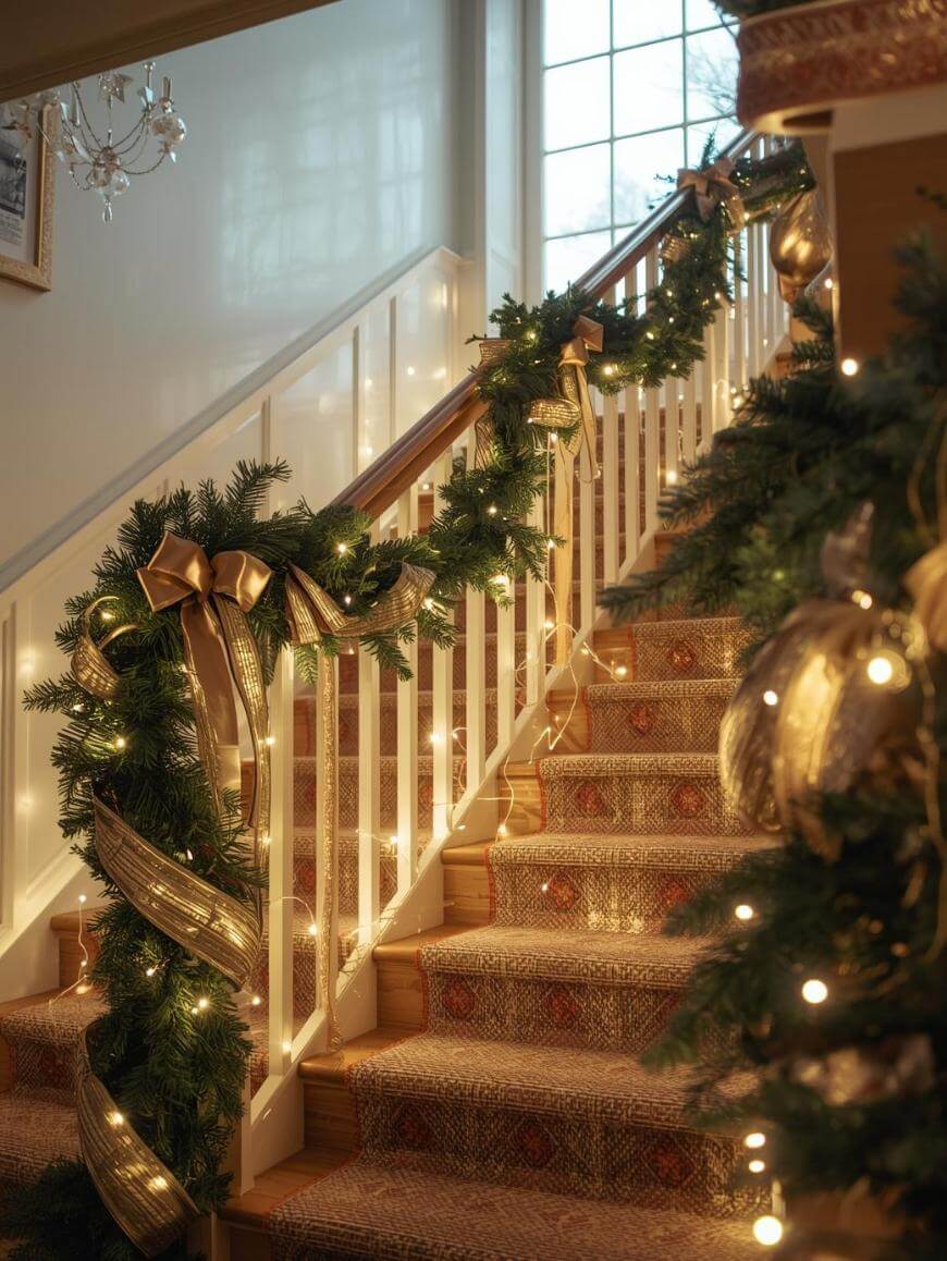A staircase decorated for the holidays with green garlands, gold ribbons, and warm white string lights. Natural light streams in through a large window, creating a festive and inviting atmosphere.