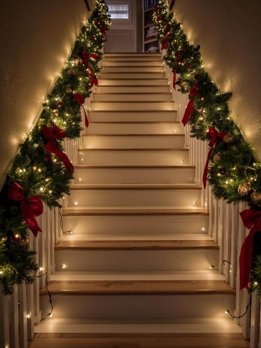 A staircase decorated with green garlands, red bows, and warm white string lights along the railing and steps, creating a festive holiday atmosphere.