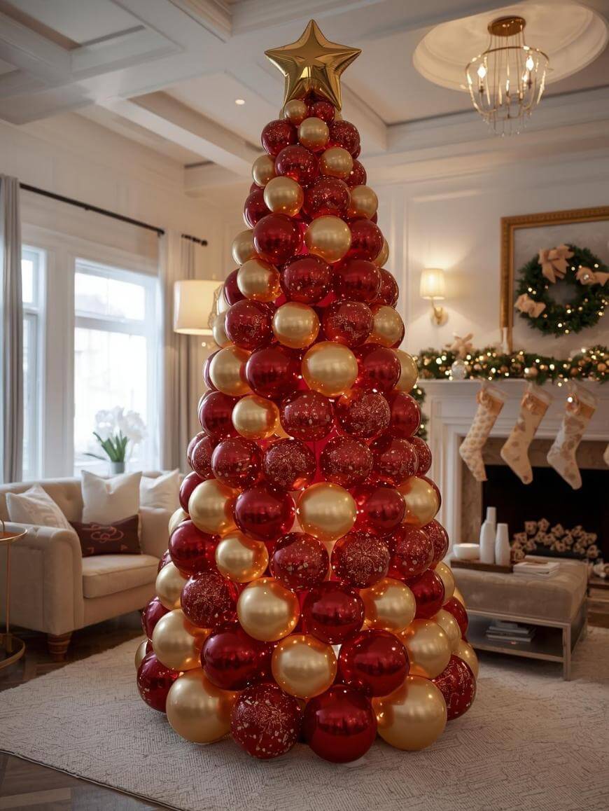A Christmas tree made of stacked red and gold balloons stands in a living room decorated for the holidays, with stockings hanging by a fireplace and a wreath on the mantle.