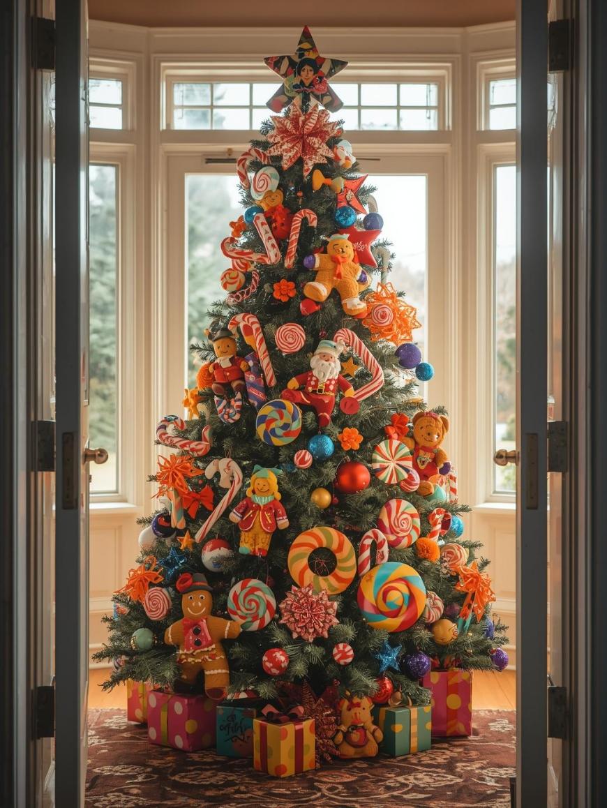 A Christmas tree decorated with colorful candy ornaments, gingerbread figures, lollipops, and candy canes stands in a bright room with large windows, surrounded by wrapped presents.